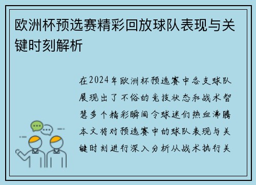 欧洲杯预选赛精彩回放球队表现与关键时刻解析